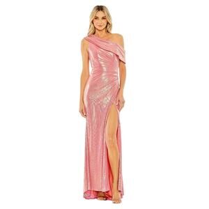 Mac Duggal Pink One-Shoulder Metallic Gown with Thigh Slit